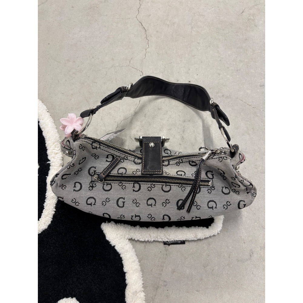 Guess Vintage Monogram Logo Denim Shoulder Bag Grey Black Studded Y2K Buckle - Picture 2 of 7